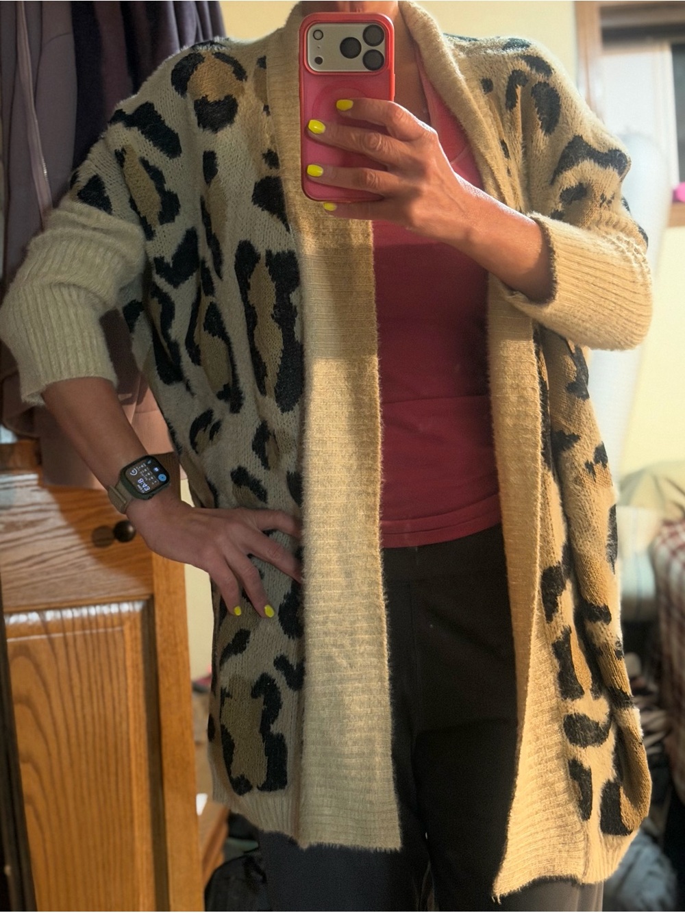 Open-Front Leopard Print Cardigan Sweater - Cream/Black